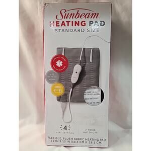 Sunbeam Heating Pad Standard Size 12x15 Plush Fabric 4 Heat Auto Off Gray